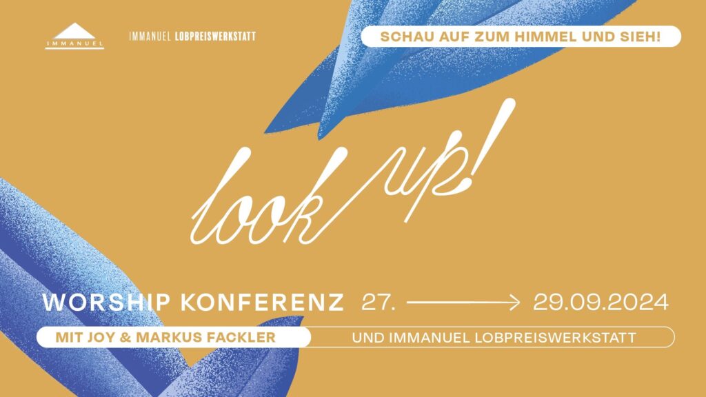 Logo der Worship konferenz blaue Blätter auf ockerfarbenem Grund mit Schriftzug look up