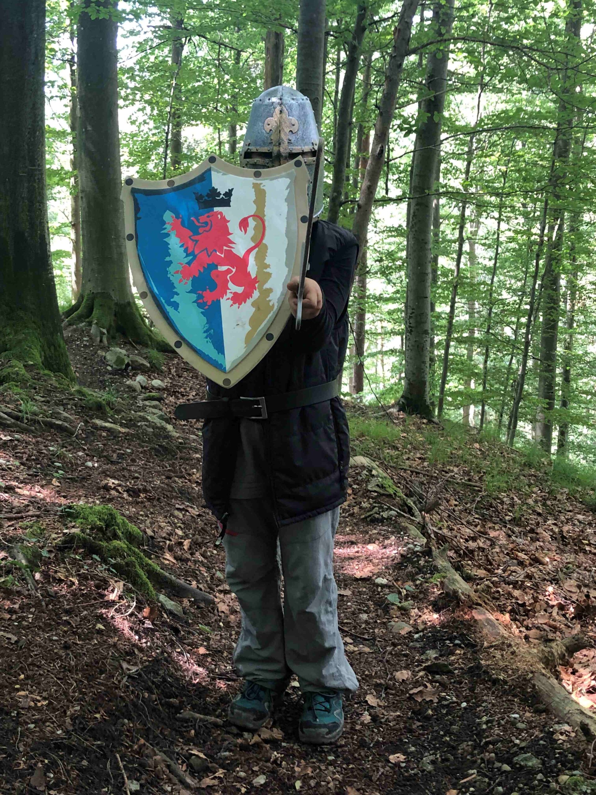 ein kind steht im wald mit ritterrüstung, Helm und schild